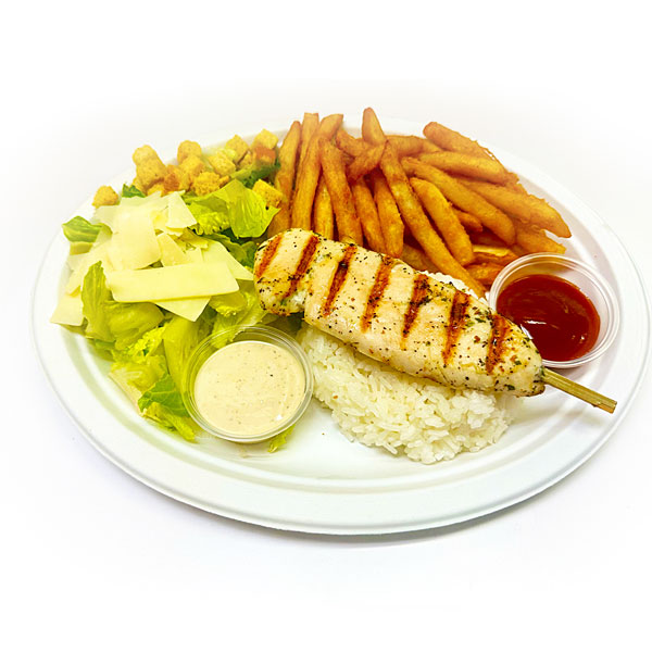 Standard Stix Menu - Chicken in a Stick with Salad and Fries.